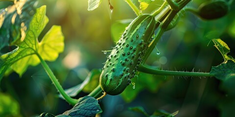 Naklejka premium A young fresh cucumber dangling from a vine, ready for harvest, symbolizes a healthy diet and nutritious eating.