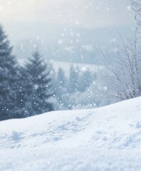 Snowy landscape with soft snowdrifts and gentle falling snow, set against a blurred background of winter trees and a cloudy sky