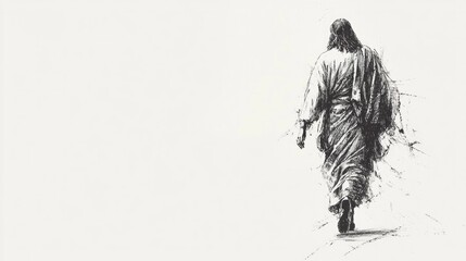 Simple sketch of Jesus walking in long robes. Monochrome. Rear view. Copy space.