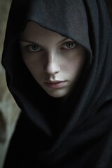 Naklejka premium Mysterious Elegance in Dark Hooded Fashion Portrait