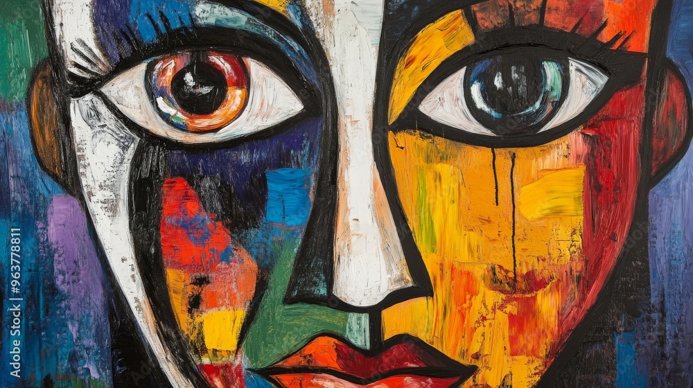 Aufkleber abstract painting of a face with vibrant mixed colors, showcasing a fusion of styles and emotions in