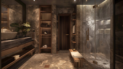 Spa-like bathroom with a minimalist stone shower, handcrafted wooden shelving, and simple brass fixtures, embodying understated luxury and tranquility