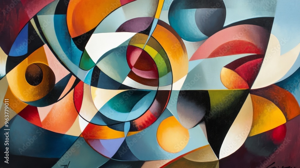 Aufkleber abstract painting with vibrant geometric shapes and dynamic colors in a modern artistic style, creat