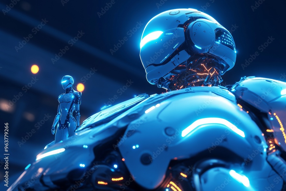 Poster ai brain robotic futuristic conceptual portrait of a humanoid robot with glowing blue armor symboliz