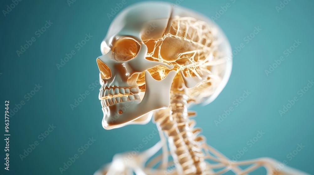 Poster an intricate 3d rendering of a human skeleton against a teal background, highlighting bone structure