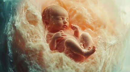 An artistic depiction of a baby in the womb, symbolizing life, warmth, and the miracle of birth in a surreal environment.