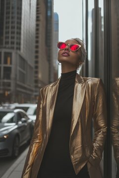 Chic Street Style: Gold Blazer and Pink Sunglasses