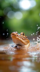 A baby crocodile celebrating its first catch, playfully biting a fish, with water splashing around it.