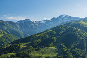Fototapeta premium 日本 長野県北安曇郡白馬村のどんぐりパノラマ展望台からの北アルプス
