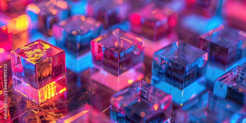 Poster detailed image of a stacked arrangement of advanced isometric cubes featuring led lights and semi-tr