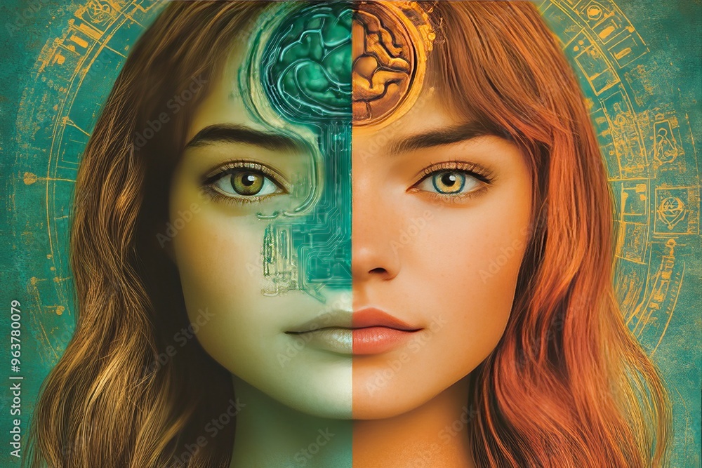 Poster cingulate cortex brain robotic conceptual portrait of a woman with half of her face transformed into