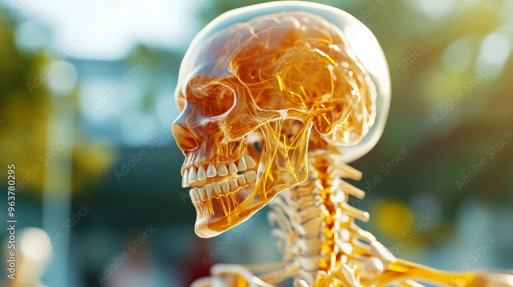 Poster close-up of a transparent human skull model displaying intricate skeletal and brain details against 