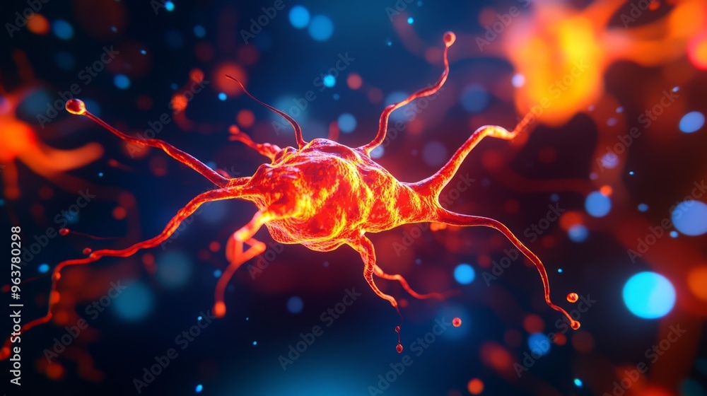 Poster close-up of a vibrant, glowing neural network cell with tendrils extending in various directions, se