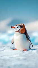 Fototapeta premium A penguin enjoying music with tiny headphones while waddling on ice.