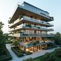 Obraz premium Modern apartment building with balconies and greenery