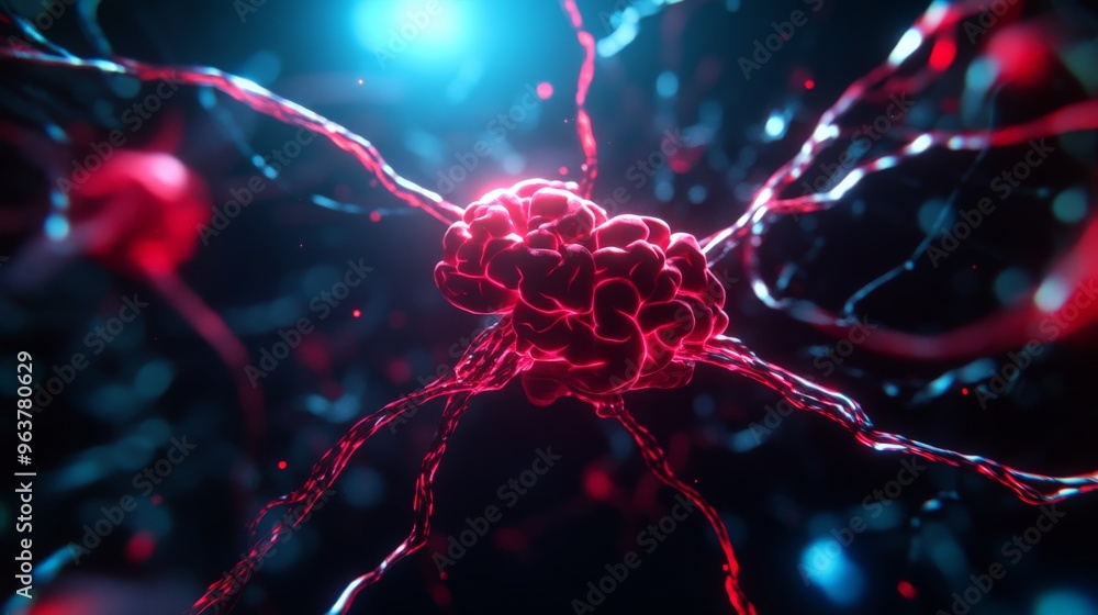 Poster close-up of neural network connections in the brain, showcasing vivid red synapses and nerve cells i