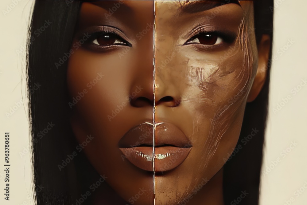 Poster neural activity brain robotic conceptual portrait of a woman with half of her face metallic symboliz
