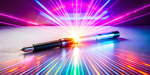 Futuristic Flat Vector of Glowing Digital Insulin Pen with Neon Light Rays for World Diabetes Day - Emphasizing Diabetes Care Innovation