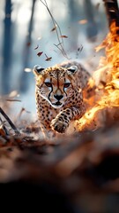 Dramatic cheetah navigating through a forest engulfed in flames, with its agile form contrasting against the intense heat and smoke.