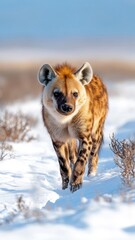 Fototapeta premium Hyena trudging through a snow-covered landscape, thick fur against the cold, with the winter wilderness surrounding it.