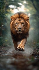 Lion navigating through a rain-soaked jungle, with droplets cascading off its mane and puddles forming around its paws.