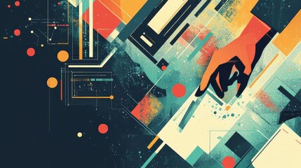 Colorful abstract digital artwork featuring geometric shapes and a hand reaching out. Perfect for creative design and technology themes.