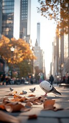 Lively pigeon in a bustling urban park, with city elements like pathways and buildings creating a dynamic backdrop for its presence.