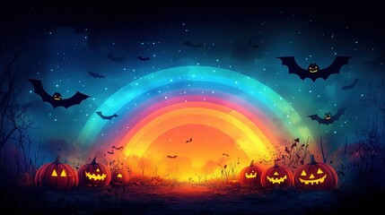Glowing Halloween rainbow with flying ghosts, bats, and jack-o-lanterns, copy space for stock photo with minimal concept, No logo, No Trademark, No text