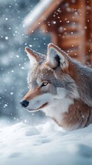 Fototapeta premium Serene scene of a wolf navigating through a snowy landscape, with snowflakes gently settling on its fur and tranquil wintry surroundings.