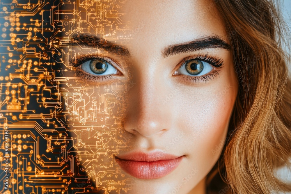 Poster neural signaling brain robotic conceptual portrait of a woman with glowing blue digital circuitry sy