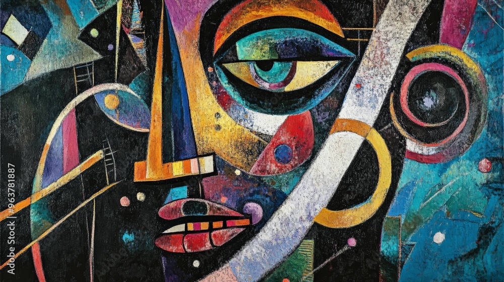 Aufkleber colorful abstract geometric painting with a blend of vibrant shapes and expressive lines depicting a