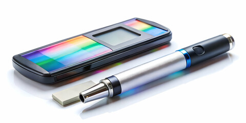 Flat Holographic Insulin Pen and Glucose Test Strips on White Background - Essential Diabetes Care Tools for World Diabetes Day