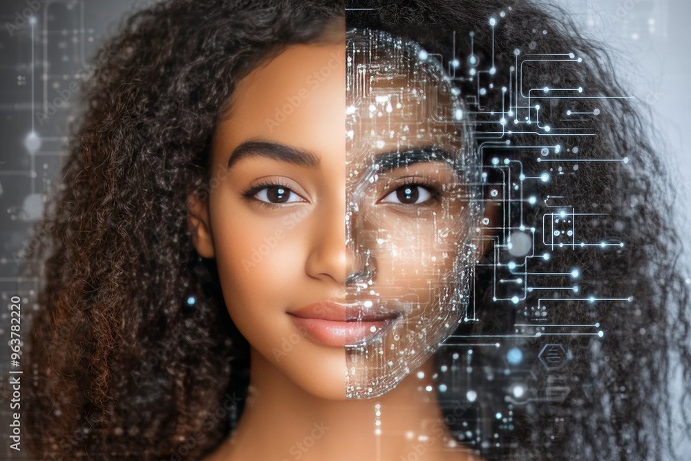 Poster ai brain chip split view of a young woman merging with a digital grid representing the convergence o