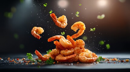Vibrant shrimp capturing motion with spices and herbs, showcasing culinary art and delicious seafood for a gourmet experience.