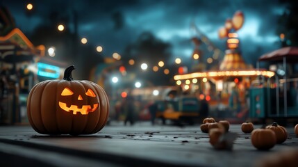 Fototapeta premium A glowing jack-o'-lantern sits on a festive carnival ground, illuminated by colorful lights under a moody, twilight sky.