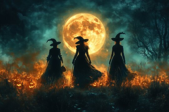 Llamas dressed as witches, wandering through a haunted pumpkin patch under a glowing full moon, copy space for stock photo with minimal concept, No logo, No Trademark, No text