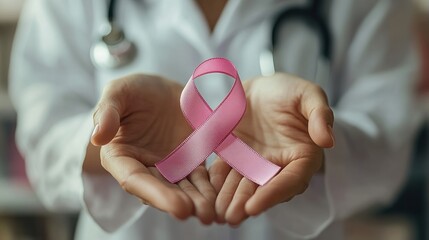 A doctor holding a pink ribbon in their hands, symbolizing breast cancer awareness and support for patients.