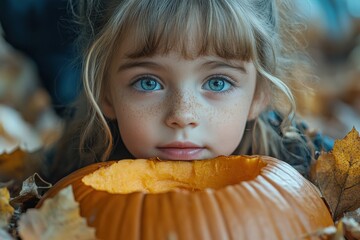 Naklejka premium Little girl focused on perfecting her pumpkin carving, surrounded by leaves and Halloween decorations, copy space for stock photo with minimal concept, No logo, No Trademark, No text