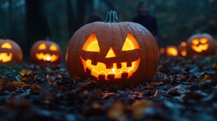Excited kids finishing their pumpkin carvings in a spooky outdoor setup, evening atmosphere, copy space for stock photo with minimal concept, No logo, No Trademark, No text