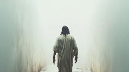 Resurrection. Mysterious man walking in a foggy corridor. Conceptual image.