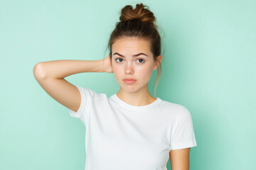 Obraz premium Young woman in a white shirt touching her neck, expressing discomfort, standing against a light green background, symbolizing stress or pain