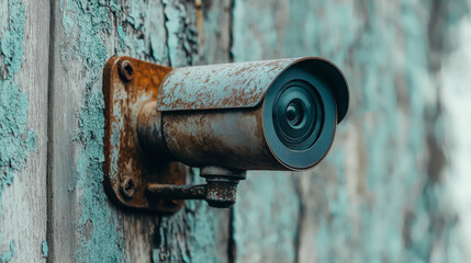 Close-up of a rusty surveillance camera mounted on a weathered, peeling wall, neglect and aging security equipment