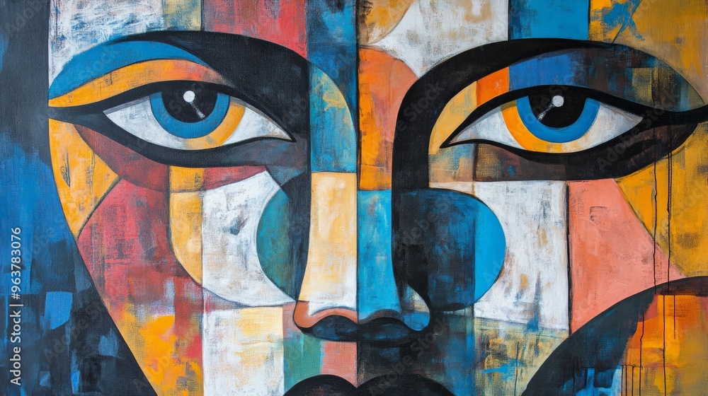 Poster colorful abstract painting of a face with vibrant geometric patterns and expressive eyes, creating a