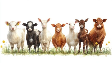 Artistic watercolor farm animals on white background