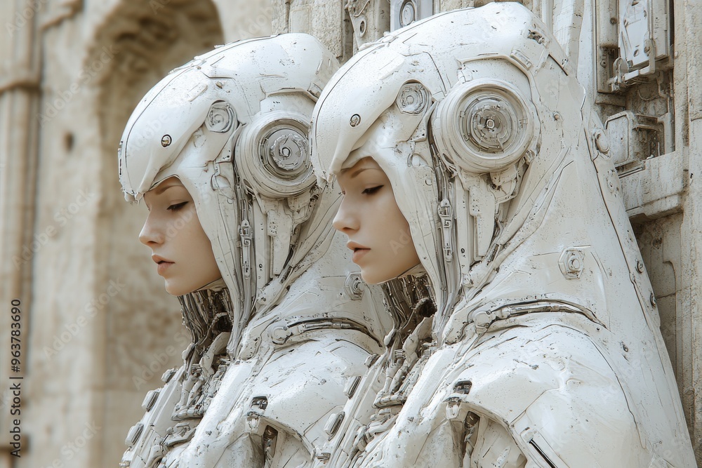 Poster brain function brain chip futuristic android women in a historical setting depicting the juxtapositi