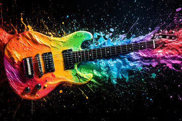 A vibrant electric guitar covered in rainbow paint splashes against a black background, showcasing the power and energy of music.