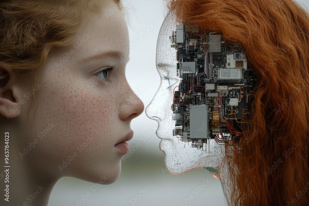 Poster brain processes brain chip close up of a young girl’s face being transformed into a digital construc