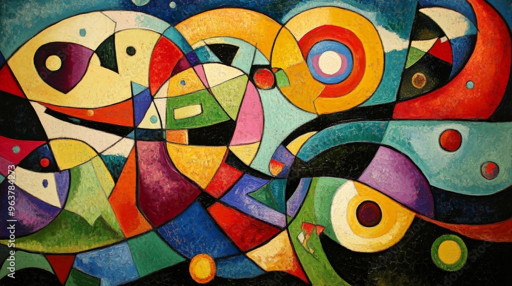 Poster colorful abstract painting with geometric shapes and vibrant colors, creating a dynamic and visually