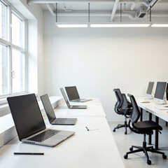 Modern office space with laptops on clean desks