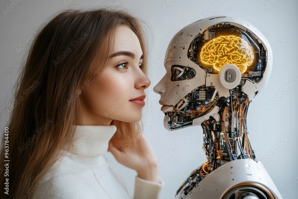 Poster brainwave activity brain chip a woman face to face with a futuristic android symbolizing the balance